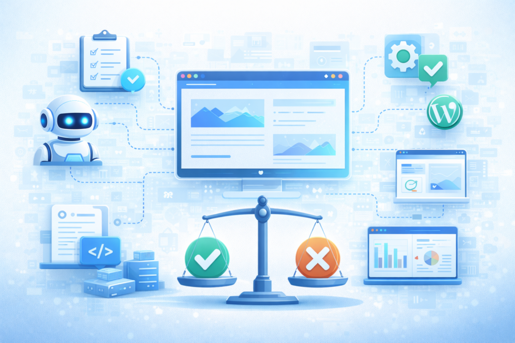 Conceptual illustration representing an overview of the OmniSitesAI platform before evaluating its strengths and limitations
