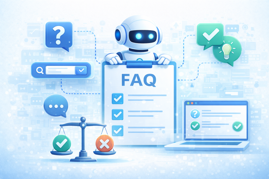 Illustration representing frequently asked questions and helpful guidance about the OmniSitesAI platform
