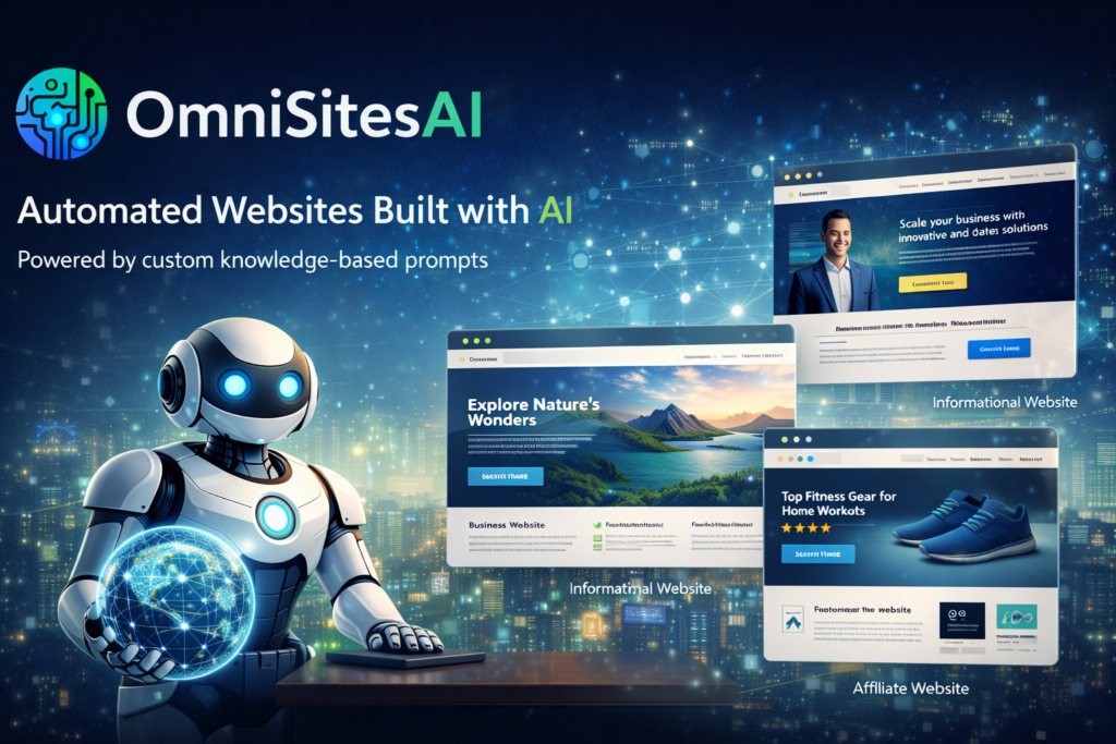 Illustration showing how OmniSitesAI builds and manages AI-powered websites using automation and custom knowledge