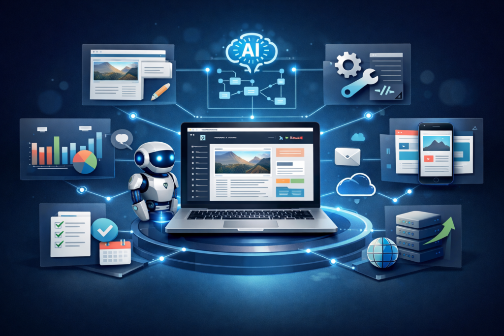 Illustration highlighting key OmniSites AI features such as AI-assisted site creation, automation, and scalable website management